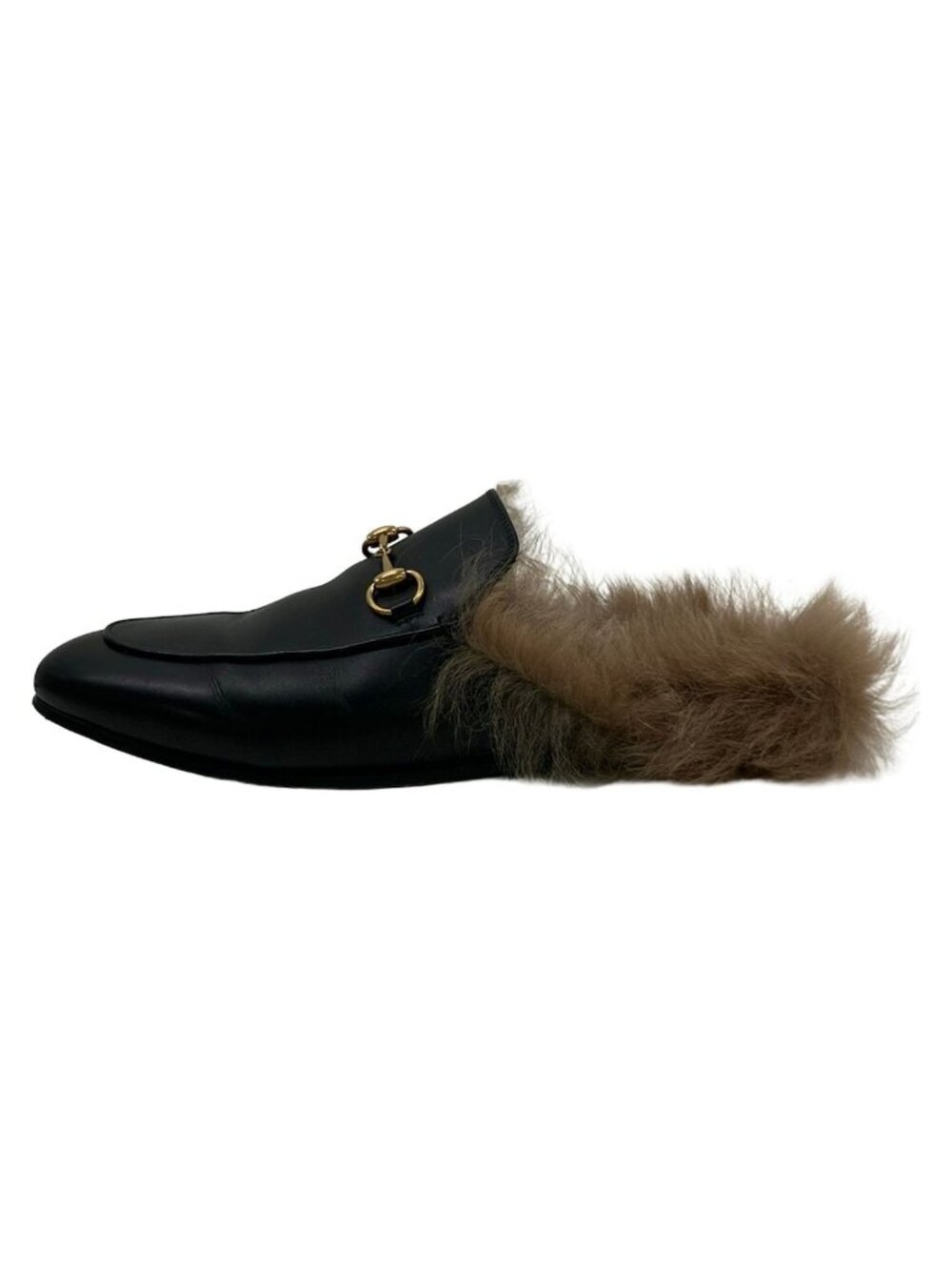 Gucci Mules Black Dark Brown Horsebit Leather Fur